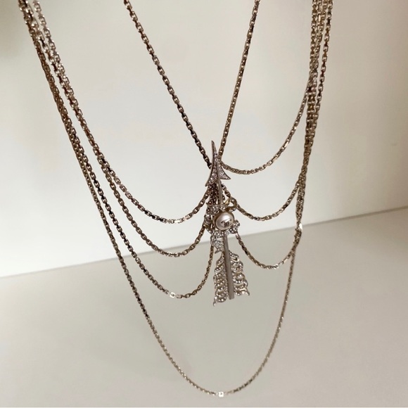 CHANEL Crystal Pearl Multi Strand Chain CC Arrow Necklace Gold - Picture 15 of 16